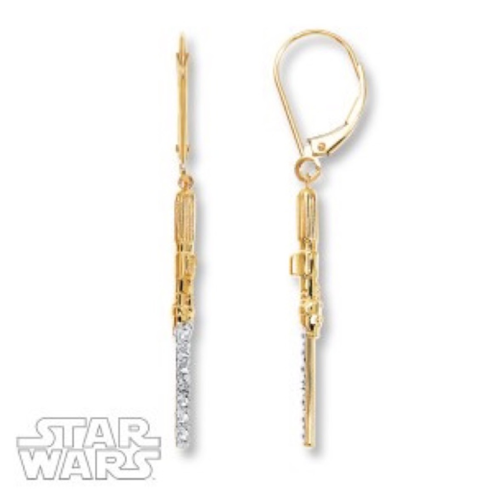 Star Wars 10KT Yellow Gold Lightsaber Earrings with a Diamond on the Blade